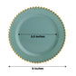 Dusty sage green plastic dessert plate with gold beaded rim, 8 inches round.
