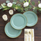 Dusty sage green dessert plates with gold beaded rim, perfect for parties.
