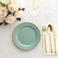 Dusty sage green plastic dessert plate with gold beaded rim on a table setting.