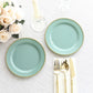 Dusty sage green dessert plates with gold beaded rim, disposable for events.