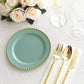 Dusty sage green plastic dessert plate with gold beaded rim.