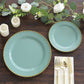 Dusty sage green dessert plates with gold beaded rim on a wooden table.