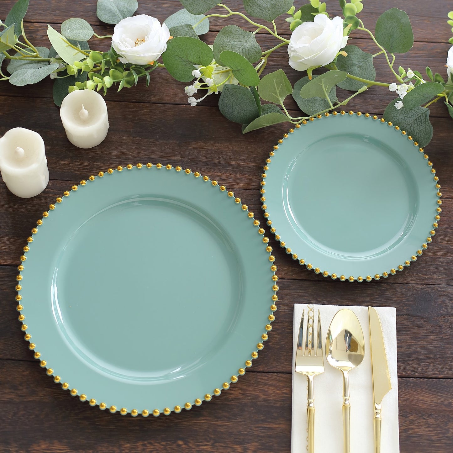 10 Pack Dusty Sage Green Plastic Salad Plates with Gold Beaded Rim, Disposable Round Appetizer Dessert Plates - 8"