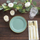 Dusty sage green plastic dessert plate with gold beaded rim.