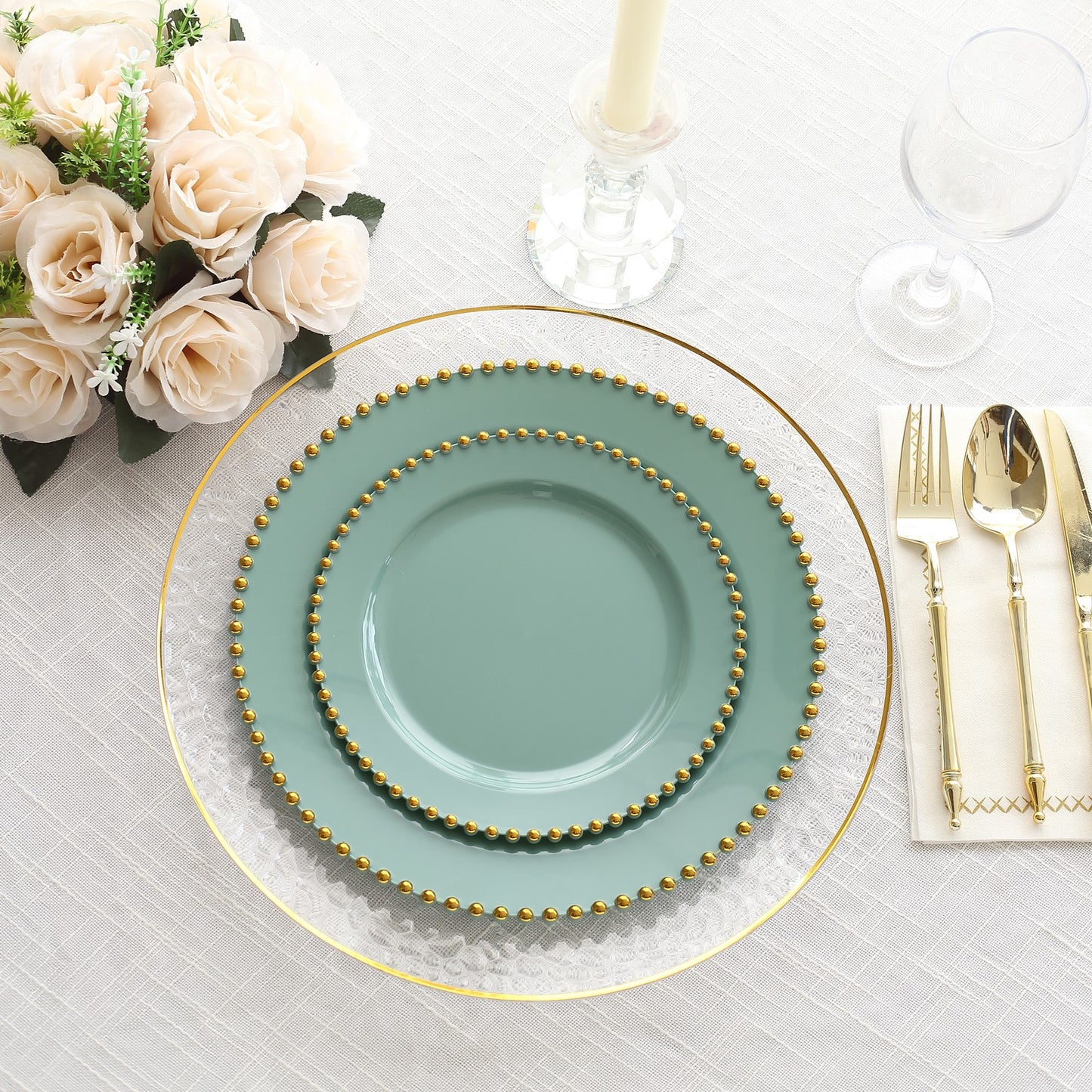 10 Pack Dusty Sage Green Plastic Salad Plates with Gold Beaded Rim, Disposable Round Appetizer Dessert Plates - 8"