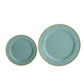 Dusty sage green plastic dessert plates with gold beaded rim.
