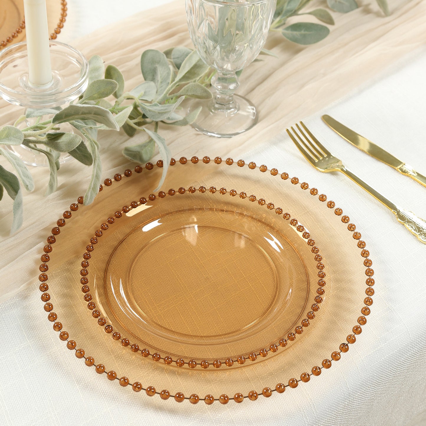 10-Pack Amber Gold Plastic Dessert Plates – 8" Round with Beaded Rim, Disposable for Parties & Events