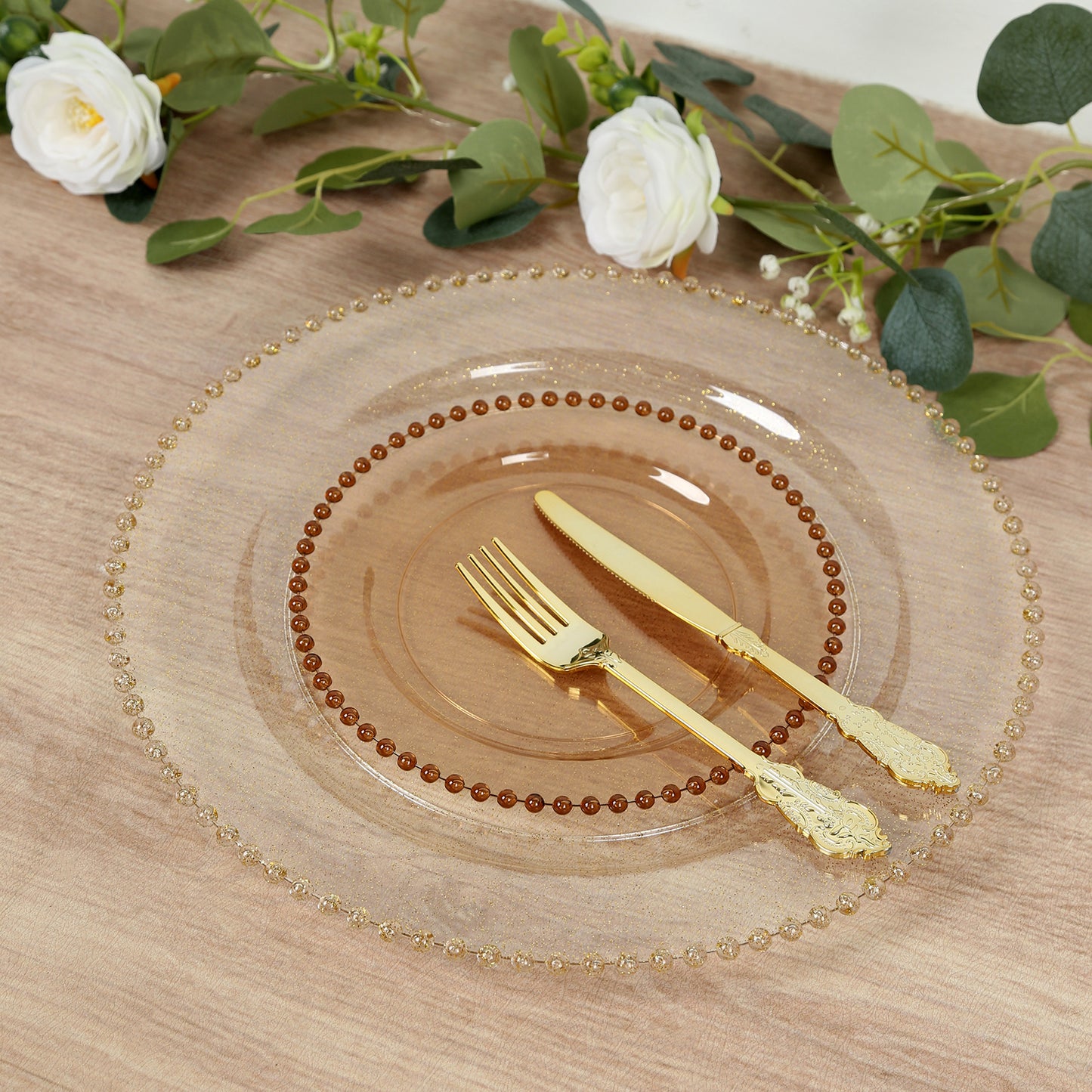 10-Pack Amber Gold Plastic Dessert Plates – 8" Round with Beaded Rim, Disposable for Parties & Events