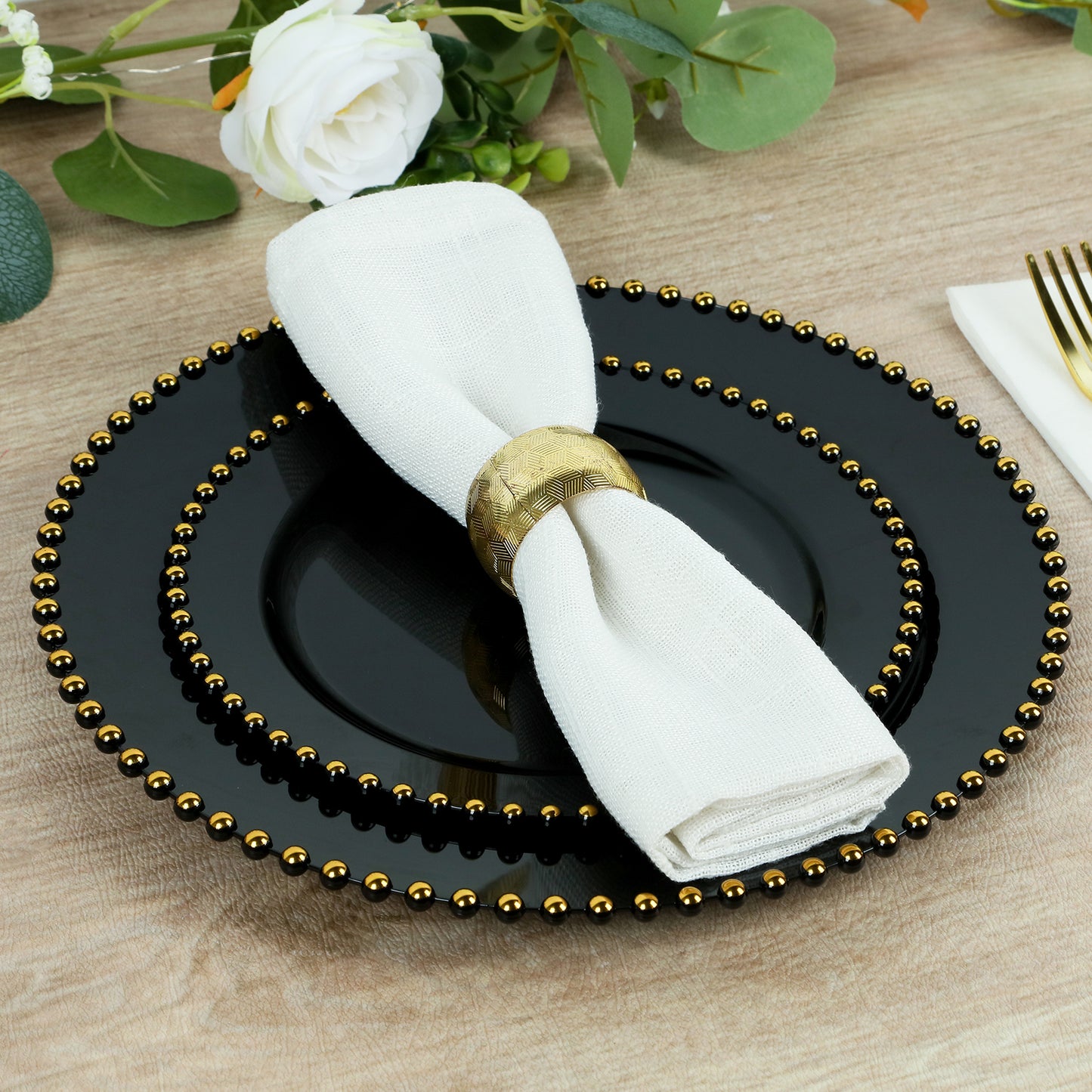 10-Pack Black Plastic Dessert Plates – 8" Round with Gold Beaded Rim, Disposable for Parties & Events