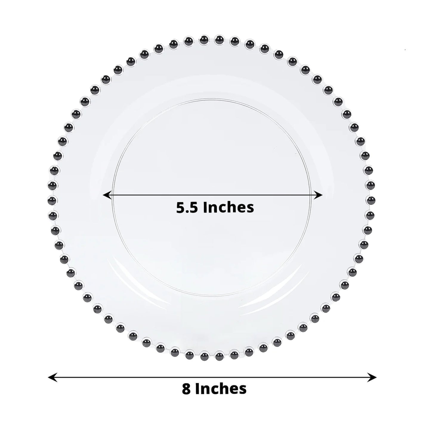 Clear plastic dessert plate with black beaded rim, 8 inches round.