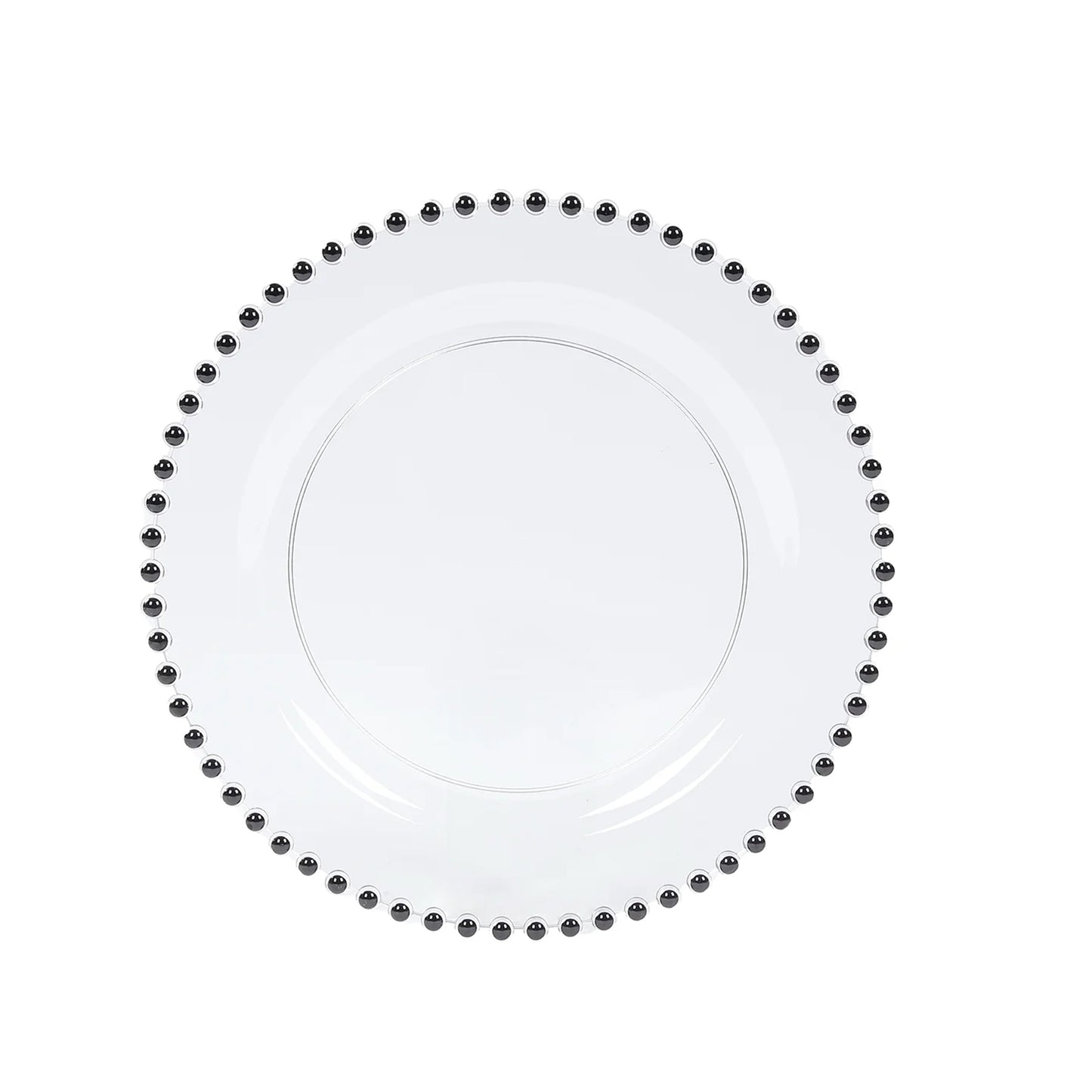 Clear plastic dessert plate with black beaded rim, 8" round, disposable for events.
