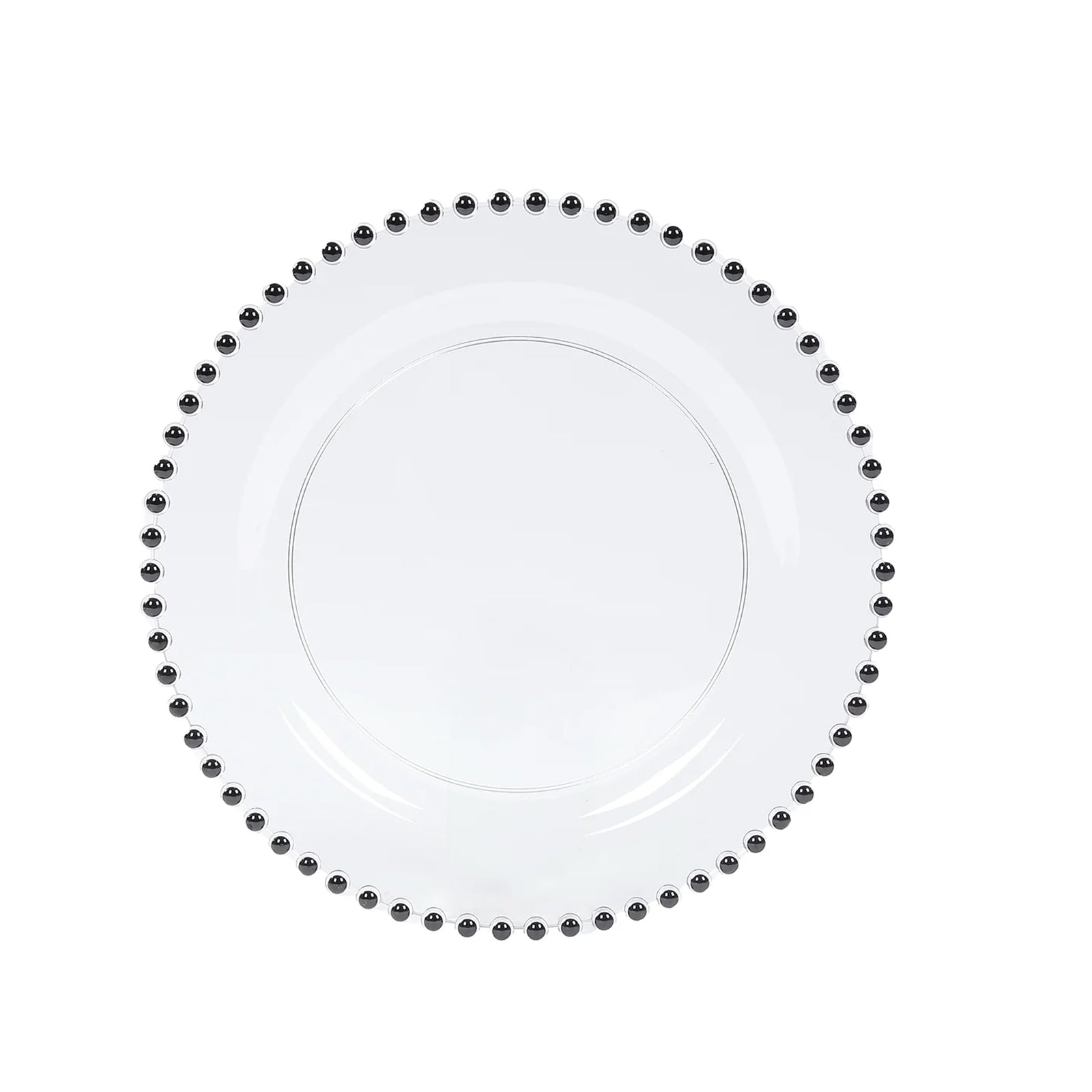 Clear plastic dessert plate with black beaded rim, 8" round, disposable for events.