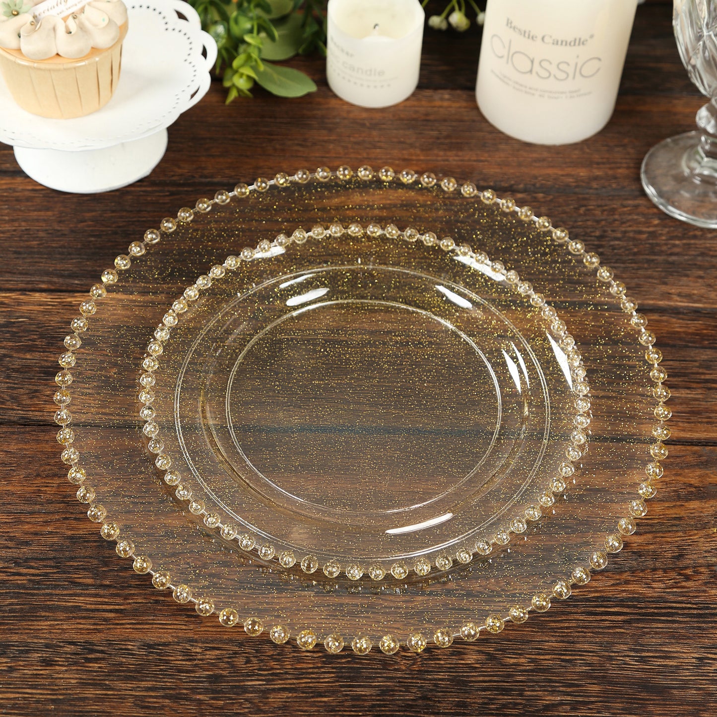 10-Pack Clear Gold Glittered Plastic Dessert Plates – 8" Round with Beaded Rim, Disposable for Parties & Events