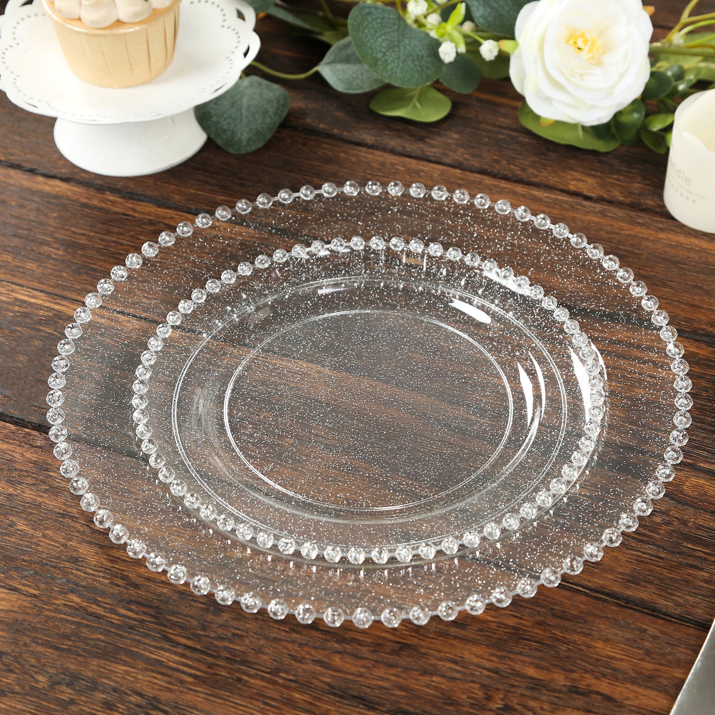 10-Pack Clear Silver Glittered Plastic Dessert Plates – 8 " Round with Beaded Rim, Disposable for Parties & Events
