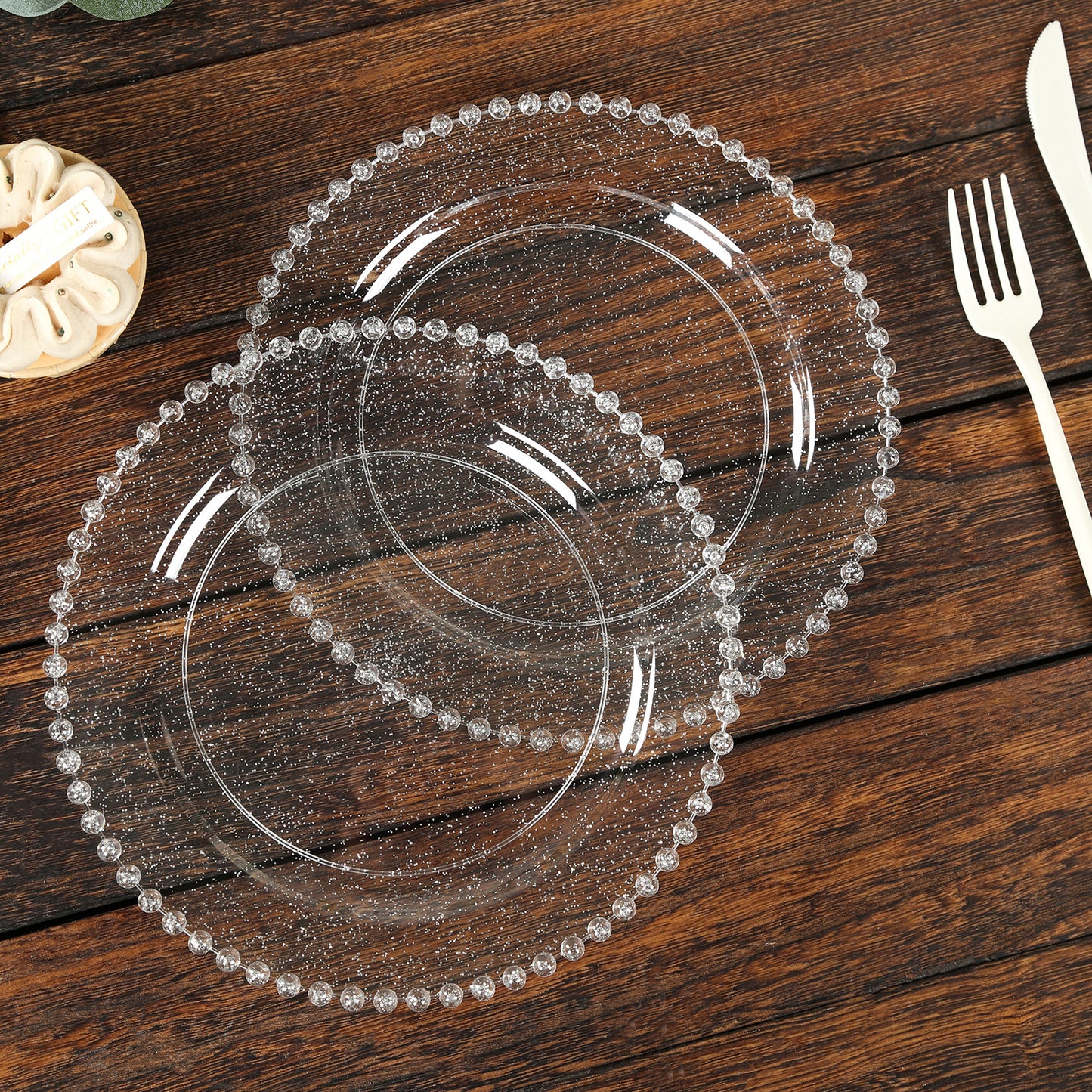 10-Pack Clear Silver Glittered Plastic Dessert Plates – 8 " Round with Beaded Rim, Disposable for Parties & Events