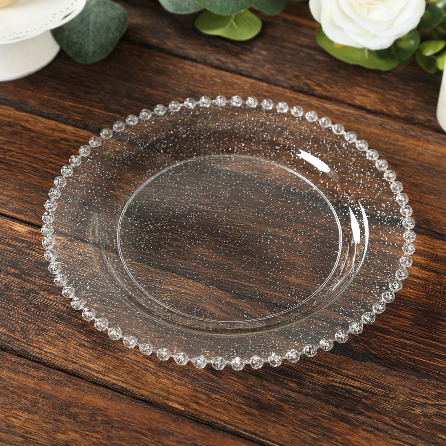 10-Pack Clear Silver Glittered Plastic Dessert Plates – 8 " Round with Beaded Rim, Disposable for Parties & Events