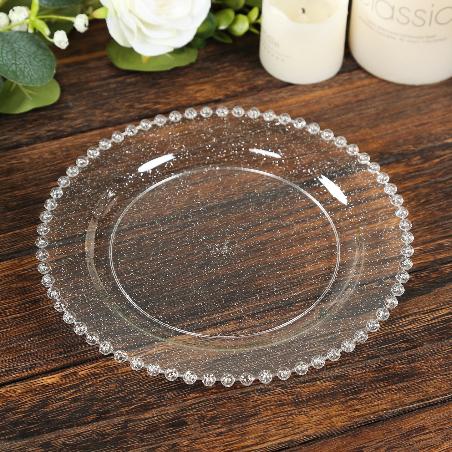 10-Pack Clear Silver Glittered Plastic Dessert Plates – 8 " Round with Beaded Rim, Disposable for Parties & Events