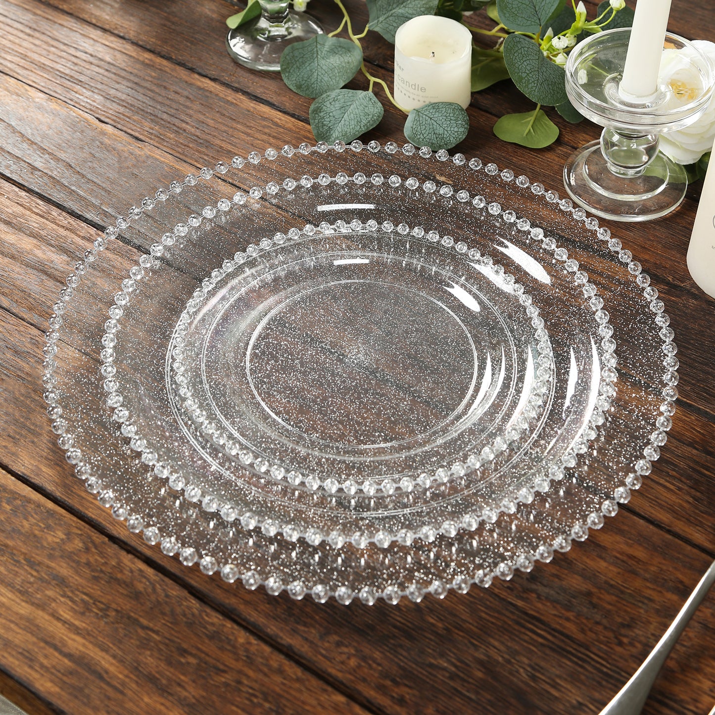 10-Pack Clear Silver Glittered Plastic Dessert Plates – 8 " Round with Beaded Rim, Disposable for Parties & Events