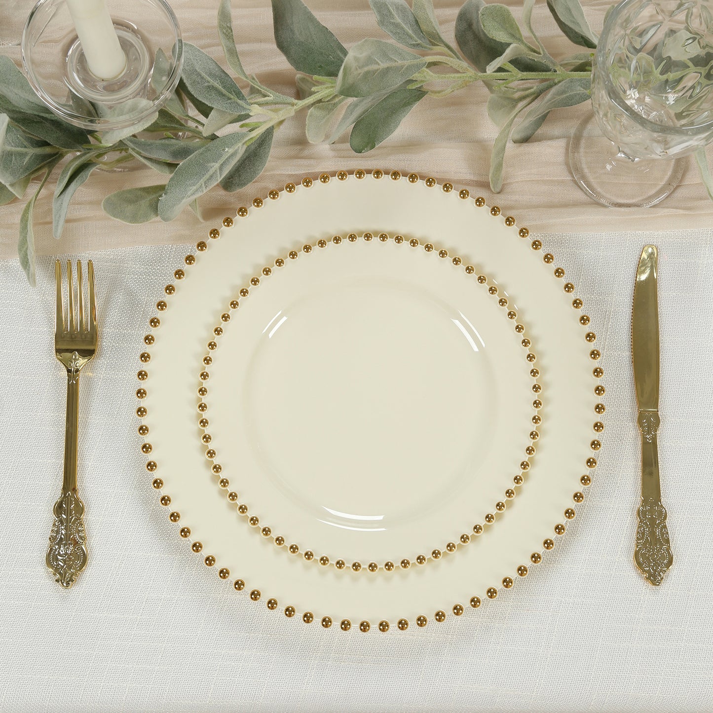 10-Pack Ivory Plastic Dessert Plates – 8" Round with Gold Beaded Rim, Disposable for Parties & Events