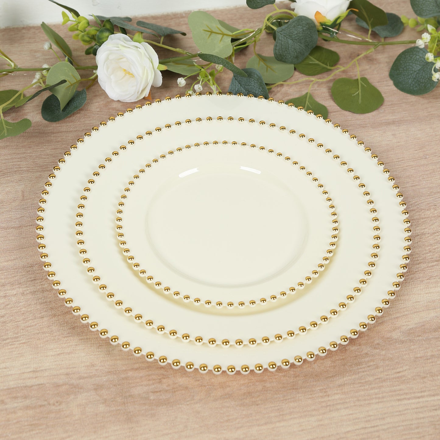 10-Pack Ivory Plastic Dessert Plates – 8" Round with Gold Beaded Rim, Disposable for Parties & Events