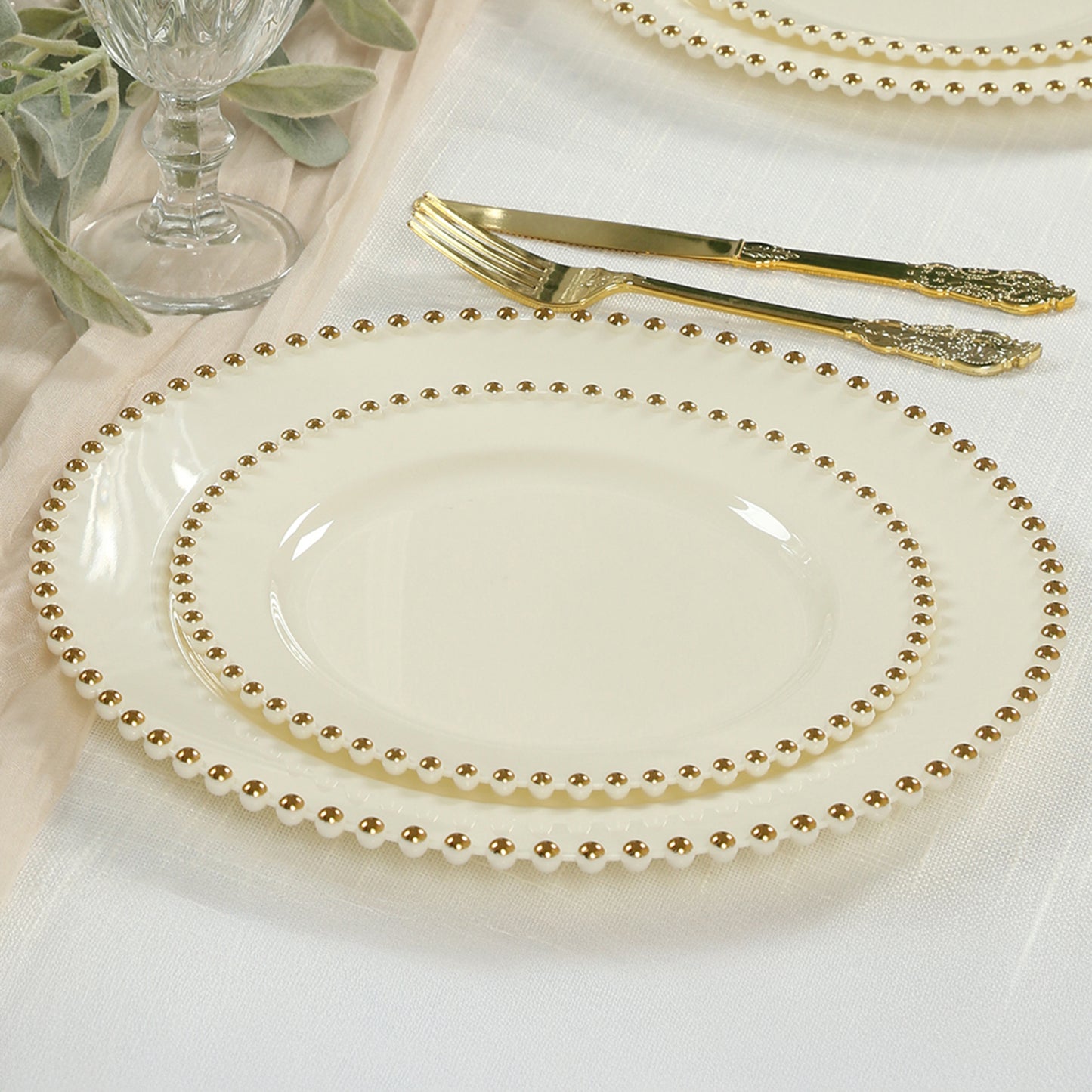 10-Pack Ivory Plastic Dessert Plates – 8" Round with Gold Beaded Rim, Disposable for Parties & Events