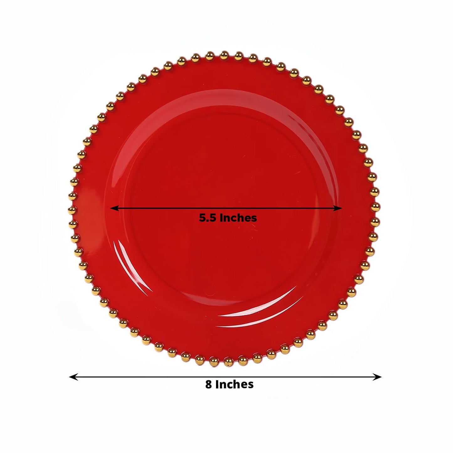 Red plastic dessert plate with a gold beaded rim, 8 inches round.