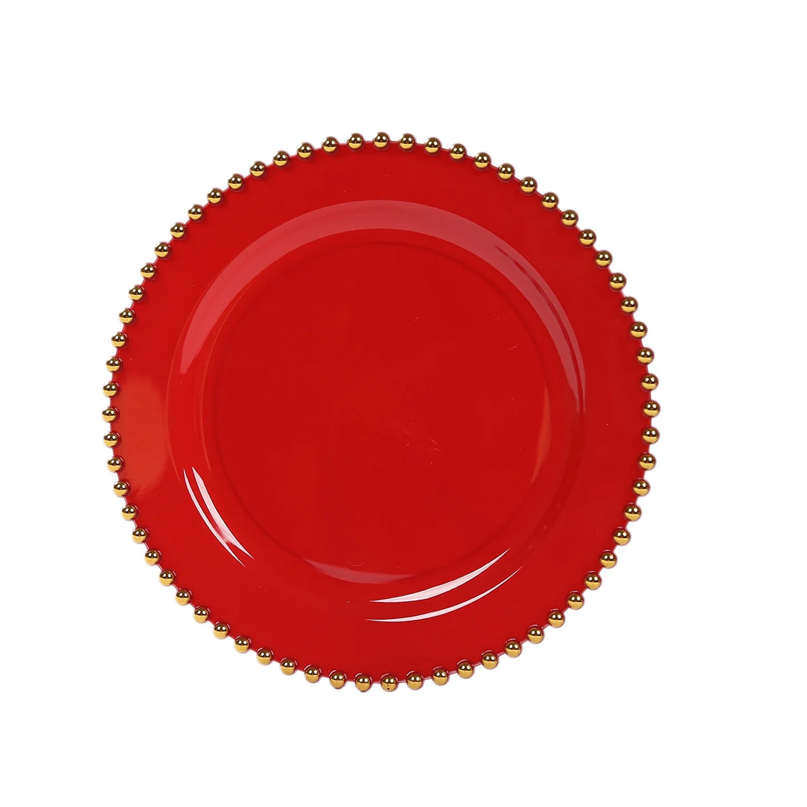 Red plastic dessert plate with gold beaded rim, 8" round, disposable for events.