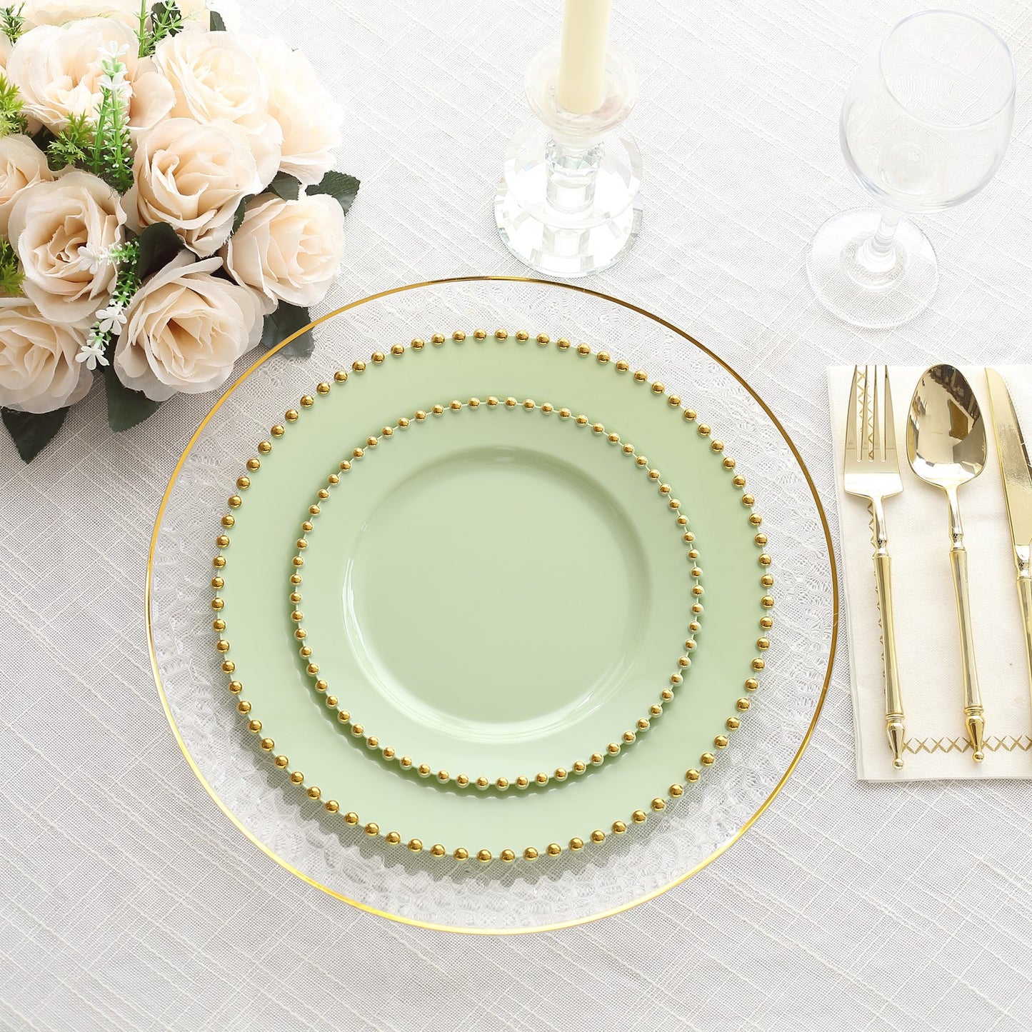 10 Pack Sage Green Plastic Salad Plates with Gold Beaded Rim, Disposable Round Appetizer Dessert Plates - 8"