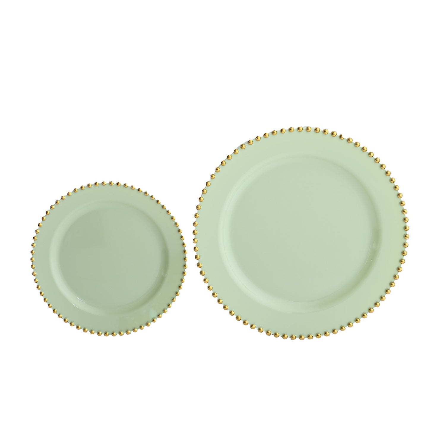 10 Pack Sage Green Plastic Salad Plates with Gold Beaded Rim, Disposable Round Appetizer Dessert Plates - 8"