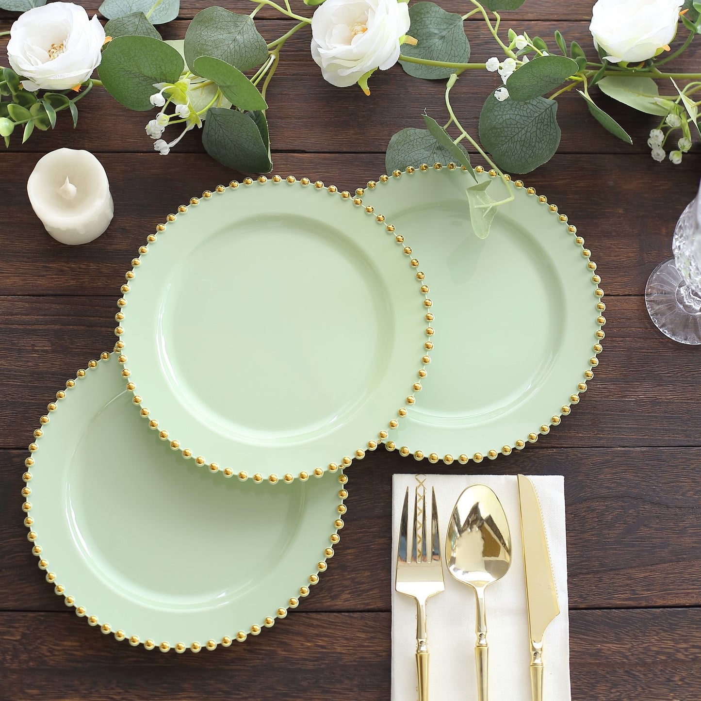 10 Pack Sage Green Plastic Salad Plates with Gold Beaded Rim, Disposable Round Appetizer Dessert Plates - 8"