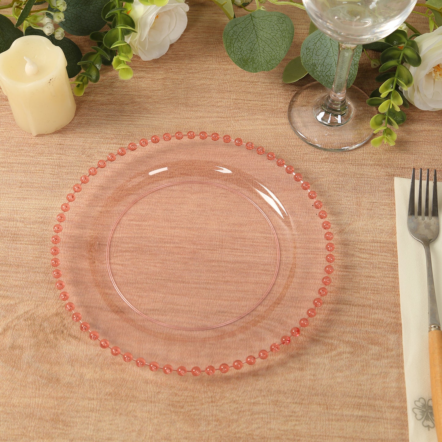 10 Pack Transparent Blush Plastic Salad Plates with Beaded Rim, Disposable Round Dessert Plates - 8"