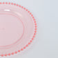 Pink transparent dessert plate with gold beaded rim.