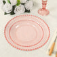 Transparent blush plastic dessert plates with gold beaded rim, perfect for parties.