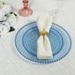 Dusty blue plastic dessert plate with gold beaded rim, 8" round, disposable.