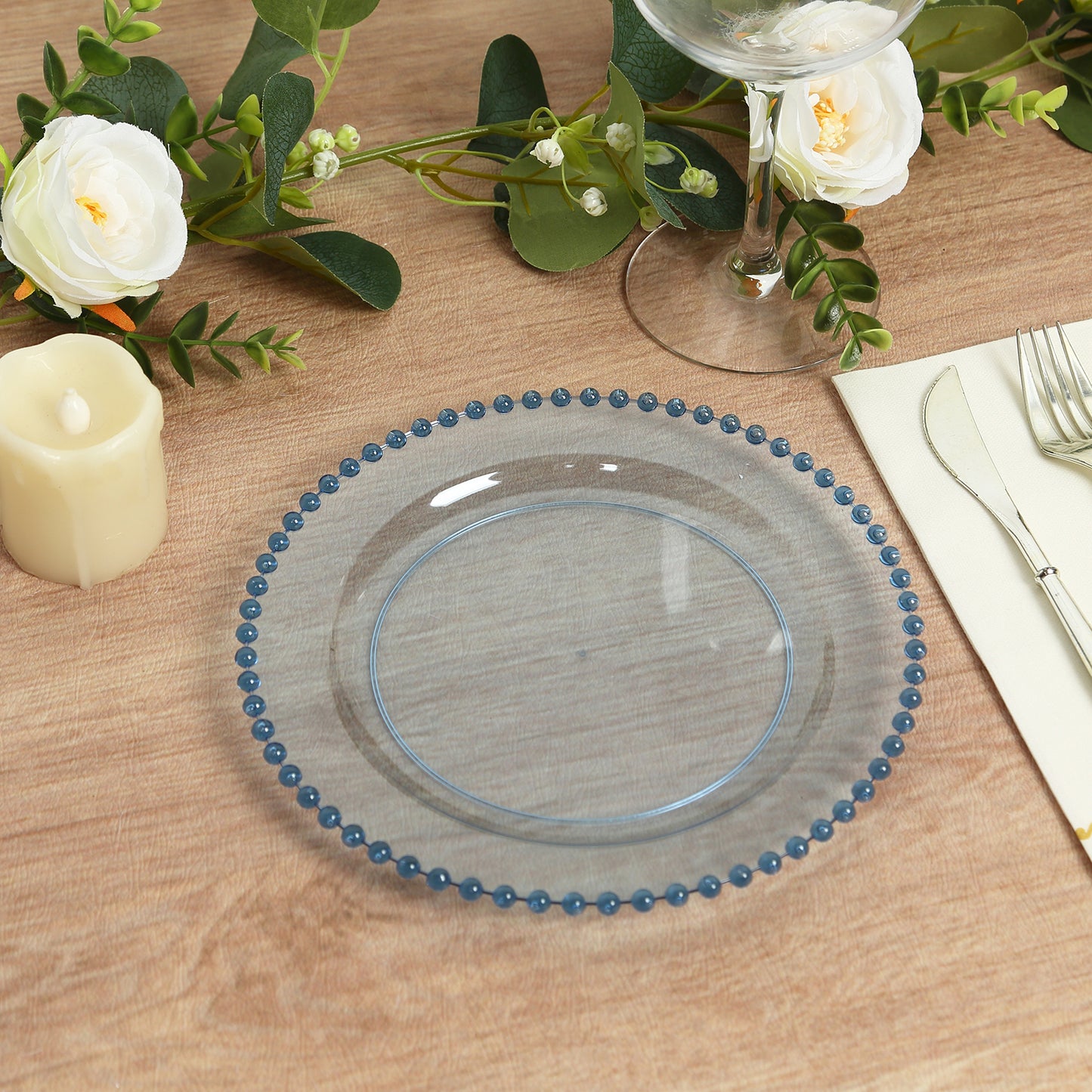 10 Pack Transparent Dusty Blue Plastic Salad Plates with Beaded Rim, Disposable Round Dessert Plates - 8"