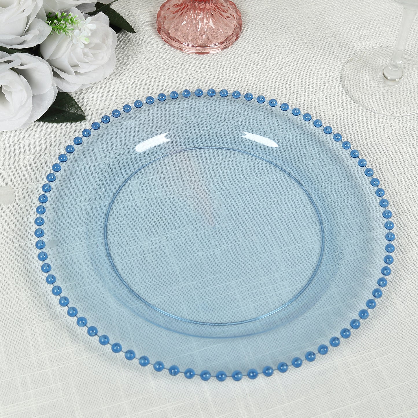 10 Pack Transparent Dusty Blue Plastic Salad Plates with Beaded Rim, Disposable Round Dessert Plates - 8"