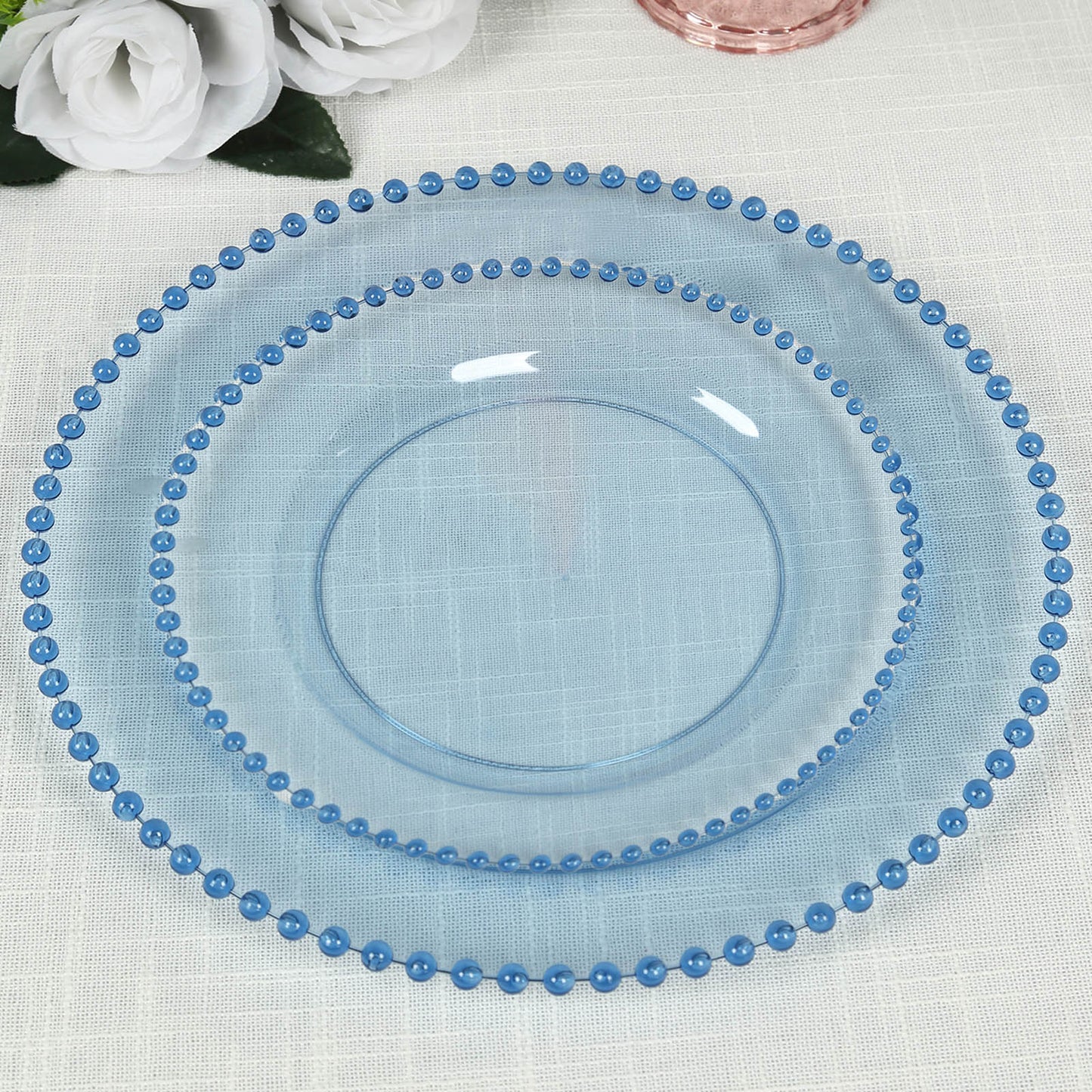 10 Pack Transparent Dusty Blue Plastic Salad Plates with Beaded Rim, Disposable Round Dessert Plates - 8"