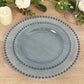 Transparent dusty blue dessert plates with gold beaded rim, 8" round, disposable.