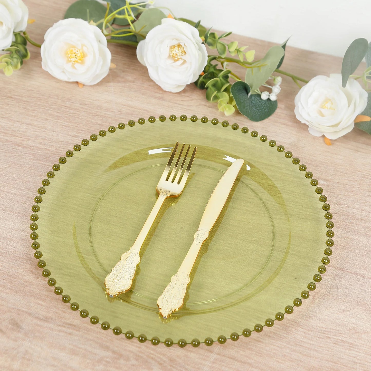 10-Pack Transparent Dusty Sage Green Plastic Dessert Plates – 8" Round with Beaded Rim, Disposable for Parties & Events