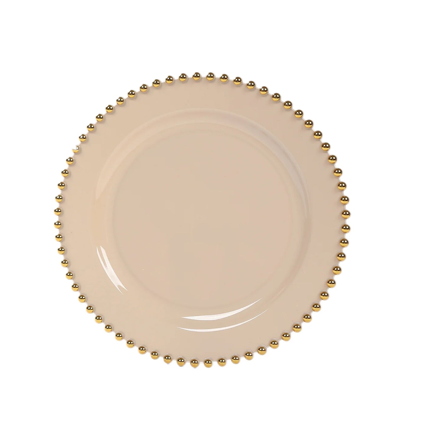 10-Pack Taupe Plastic Dessert Plates – 8" Round with Gold Beaded Rim, Disposable for Parties & Events