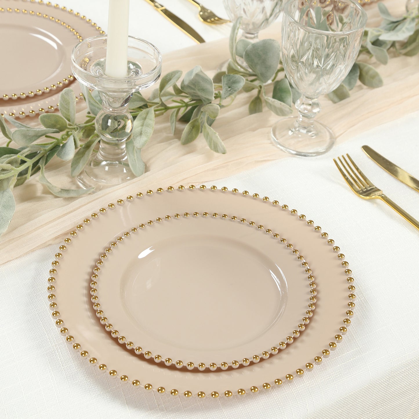 10-Pack Taupe Plastic Dessert Plates – 8" Round with Gold Beaded Rim, Disposable for Parties & Events