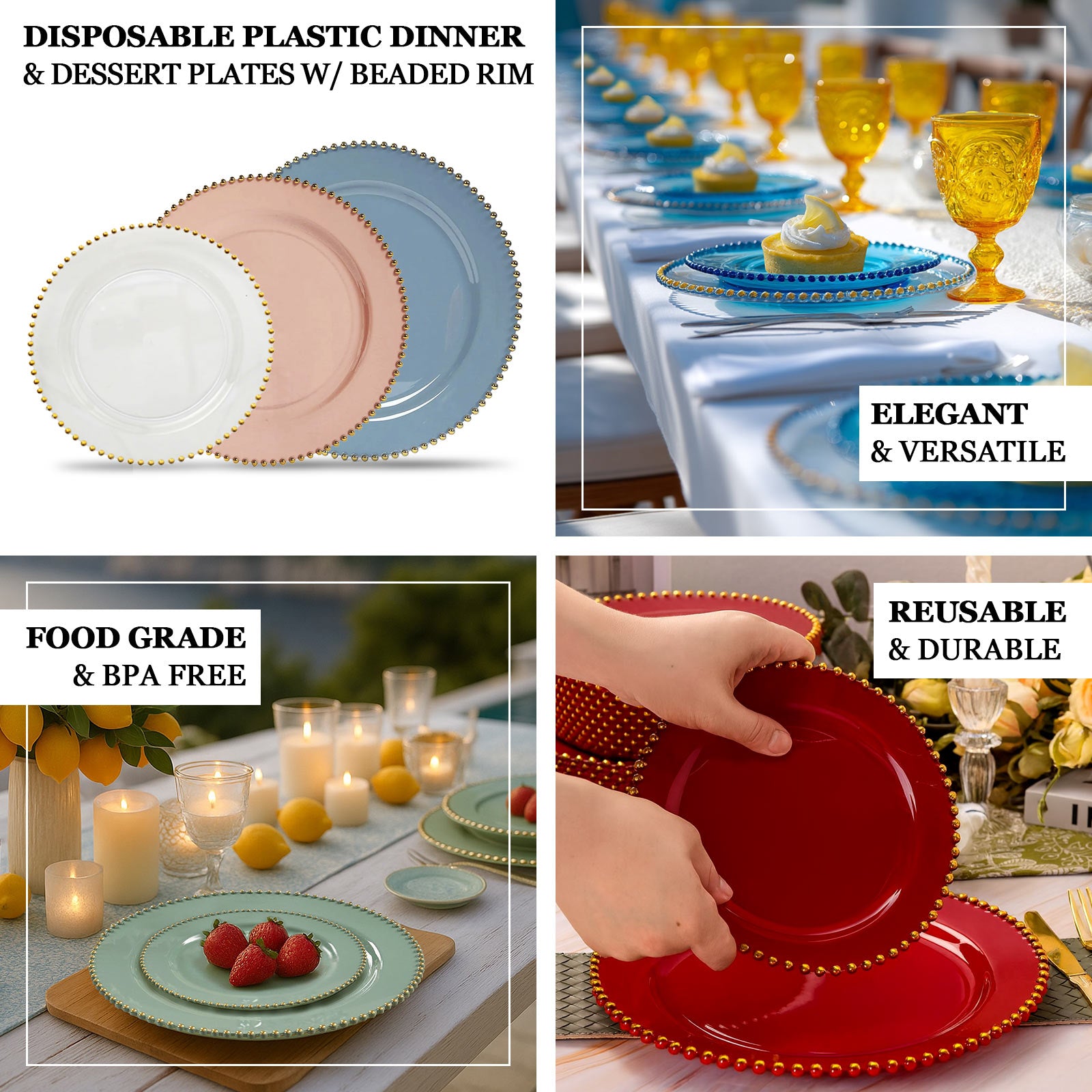 Clear plastic round dinner plates with black beaded rim for parties.
