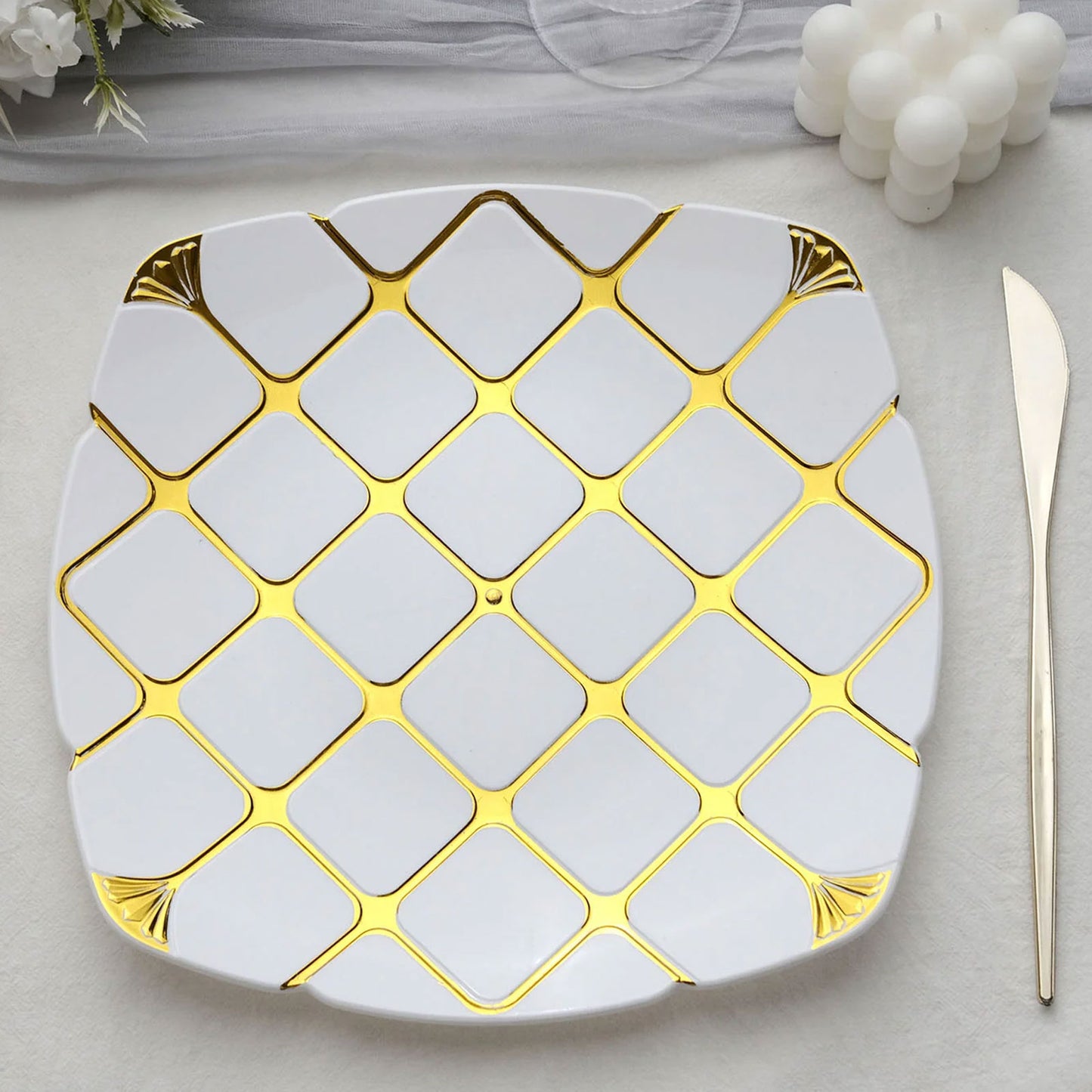 10 Pack | White/Gold 10" Plastic Square Geometric Dinner Plates, Disposable Party Plates