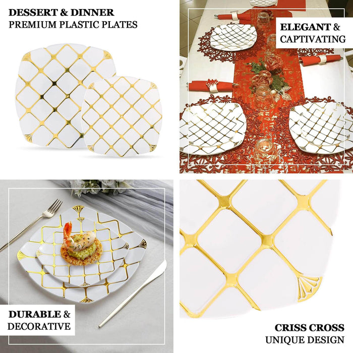 10 Pack | White/Gold 10" Plastic Square Geometric Dinner Plates, Disposable Party Plates