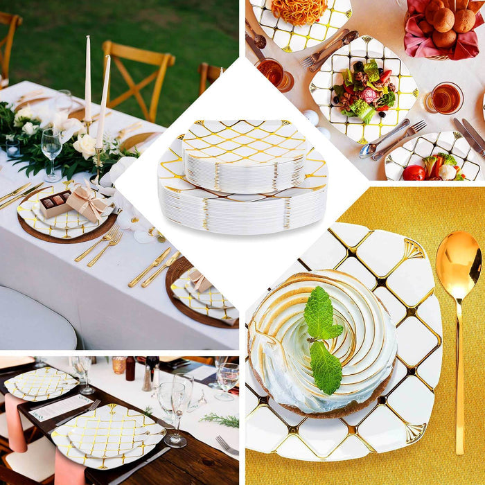 10 Pack | White/Gold 10" Plastic Square Geometric Dinner Plates, Disposable Party Plates