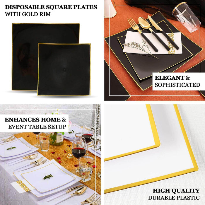 10 Pack | 8" White / Gold Concave Modern Square Plastic Dessert Plates, Disposable Salad Appetizer Party Plates