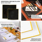 10" black and gold disposable square dinner plates for elegant parties.