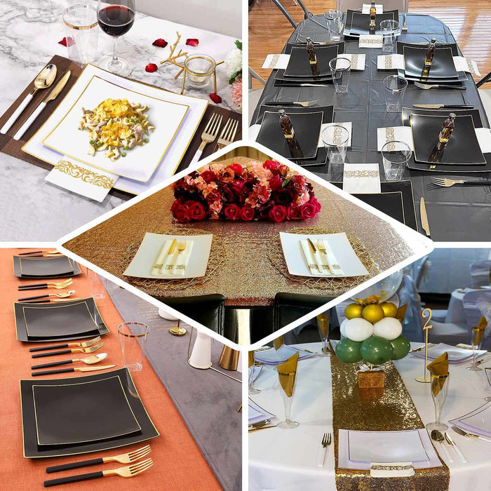 10 Pack | 10" Clear / Gold Concave Modern Square Plastic Dinner Plates, Disposable Party Plates