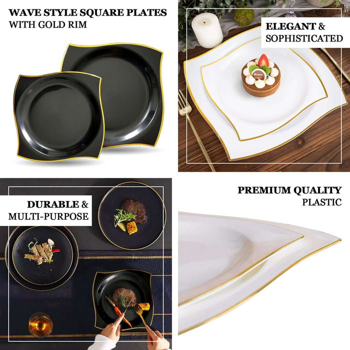 10 Pack | 8" Black / Gold Wavy Rim Modern Square Plastic Dessert Plates, Disposable Salad Appetizer Party Plates