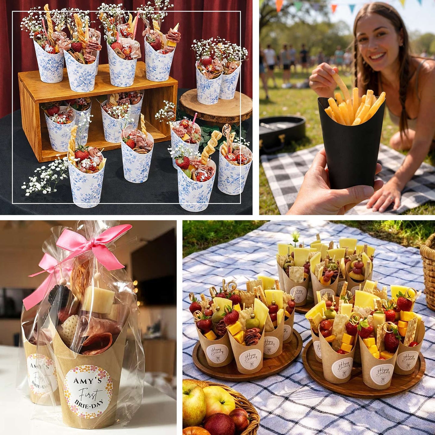 Blue gourmet snack cups with fruit and fries